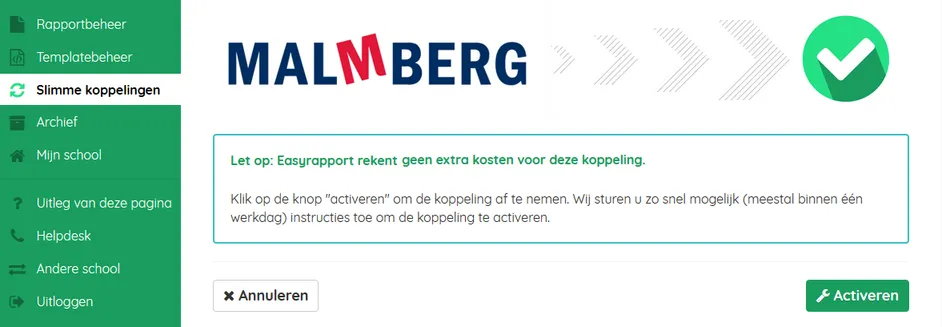 Screenshot van de Malmberg resultatenmonitor-koppeling in Easyrapport