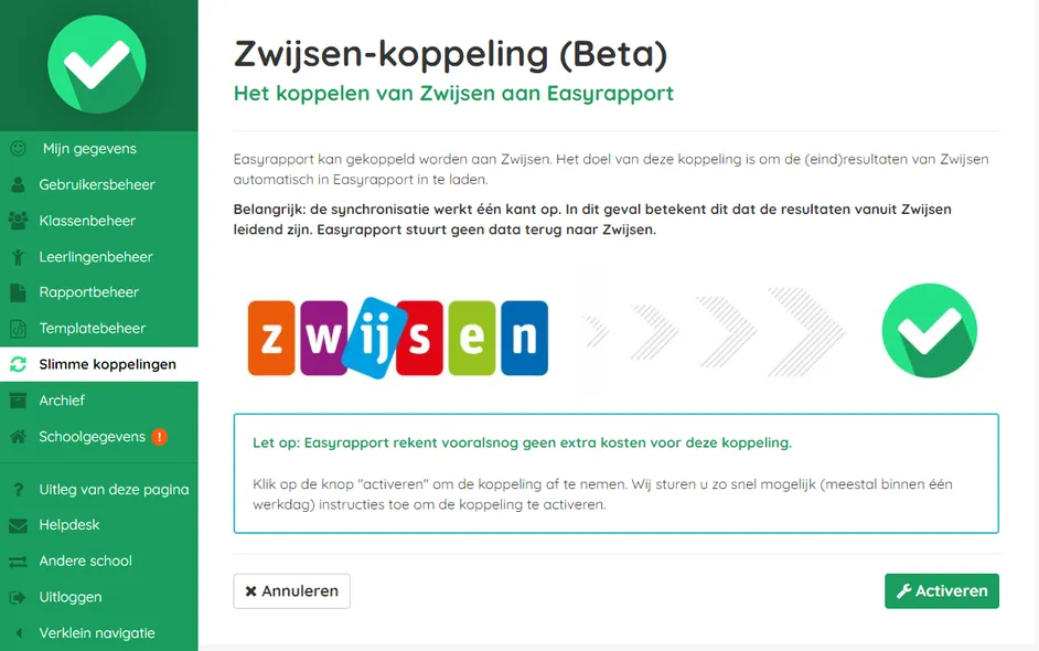 Screenshot van de Zwijsen-koppeling in Easyrapport