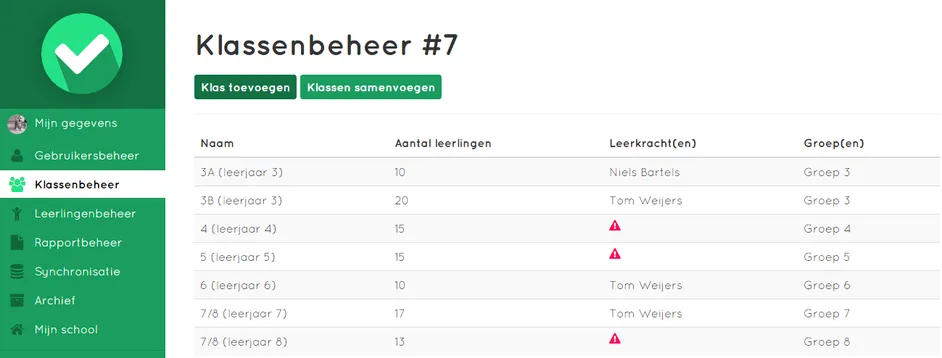 Klassenbeheer scherm in Easyrapport