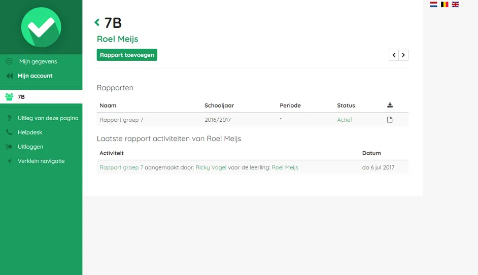Screenshot van leerlingrapportactiviteiten en rapportbeheer in Easyrapport