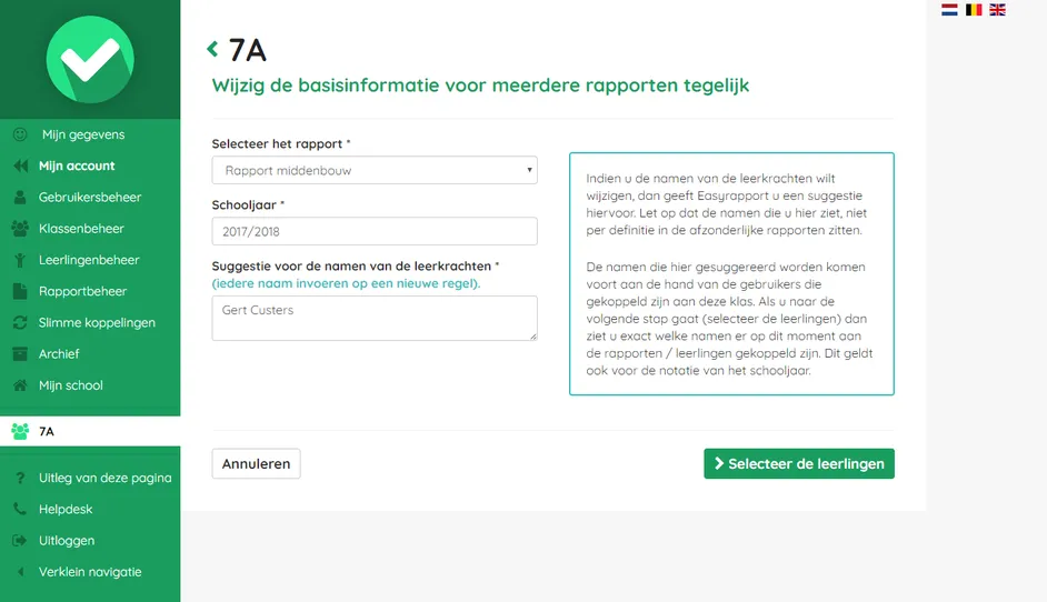 Screenshot van de basisinformatie-wijzigingsscherm in Easyrapport