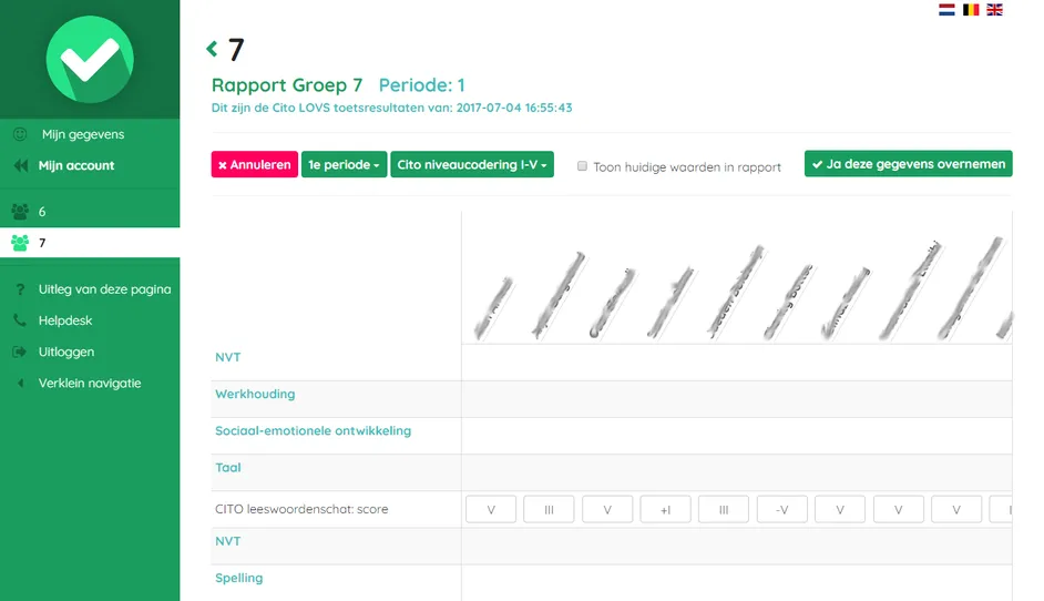 Screenshot van het Cito resultatenscherm in Easyrapport