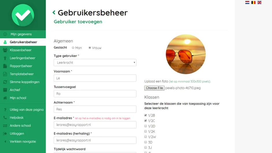 Screenshot van het aanmaken van een nieuwe gebruiker in Easyrapport