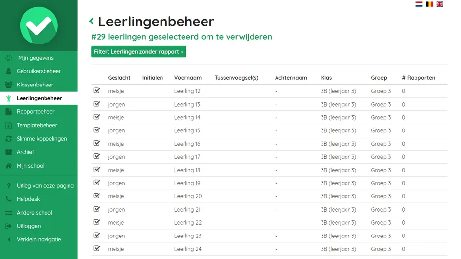 Screenshot van de bulkactie voor het verwijderen van meerdere leerlingen in Easyrapport