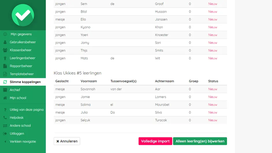 Screenshot van klassen- en leerlingenoverzicht uit ESIS in Easyrapport