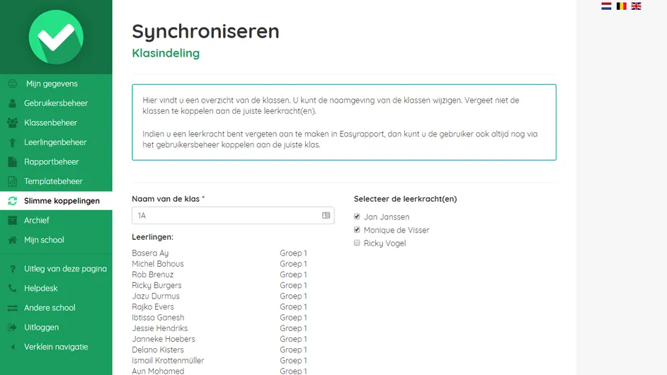 Screenshot van het indelen van klassen in Easyrapport