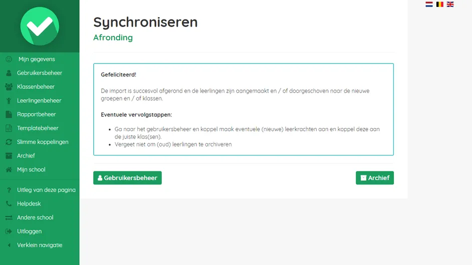 Screenshot van de bevestiging dat het importeren is voltooid in Easyrapport