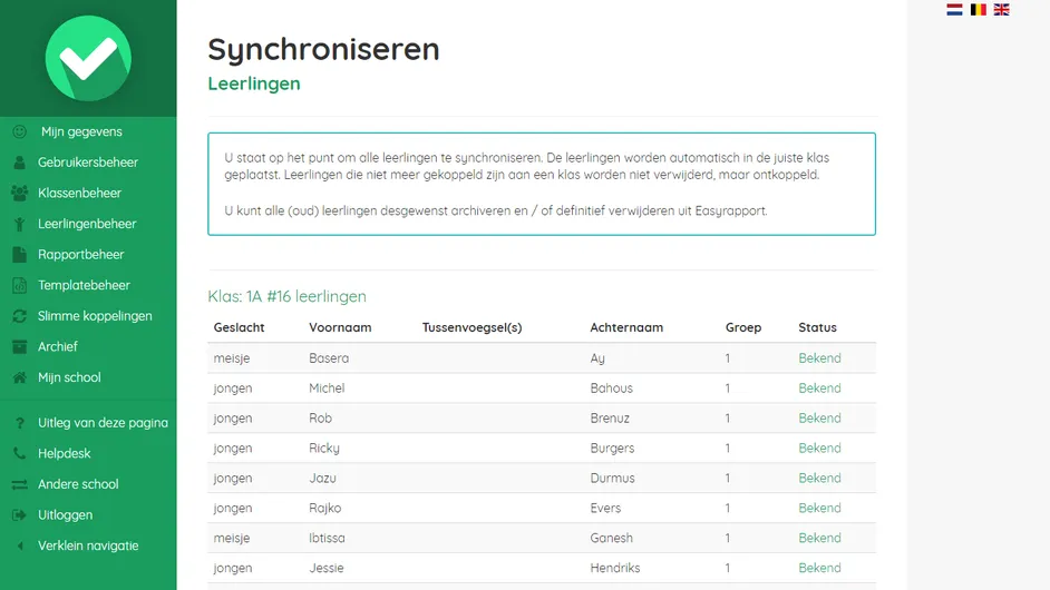 Screenshot van het overzicht van leerlingen en klassen in Easyrapport
