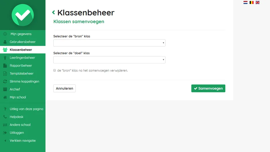 Screenshot van de pagina voor het samenvoegen van klassen in Easyrapport