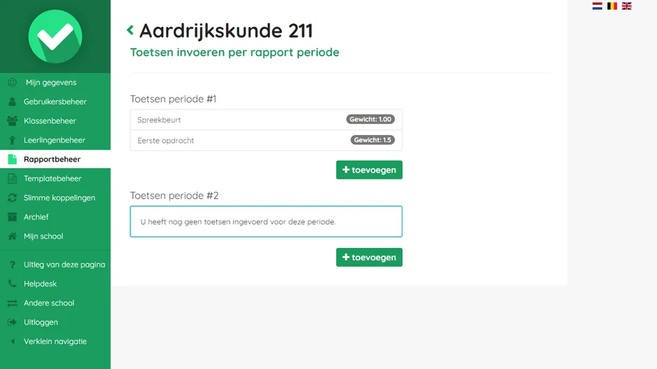 Screenshot van toetsbeheer per vak en rapportperiode in Easyrapport