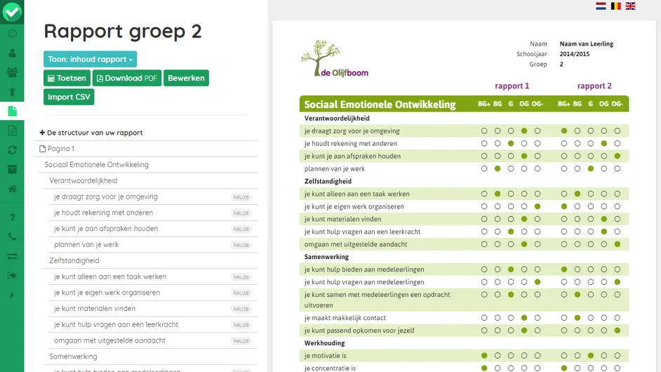 Screenshot van de rapportinhoud en boomstructuur in Easyrapport
