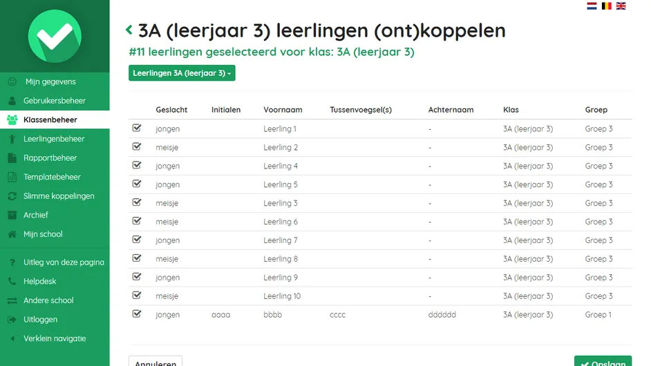 Screenshot van de (ont)koppelpagina voor leerlingen in Easyrapport