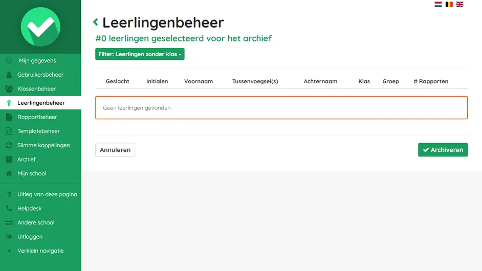 Screenshot van de bulkactie voor het archiveren van meerdere leerlingen in Easyrapport