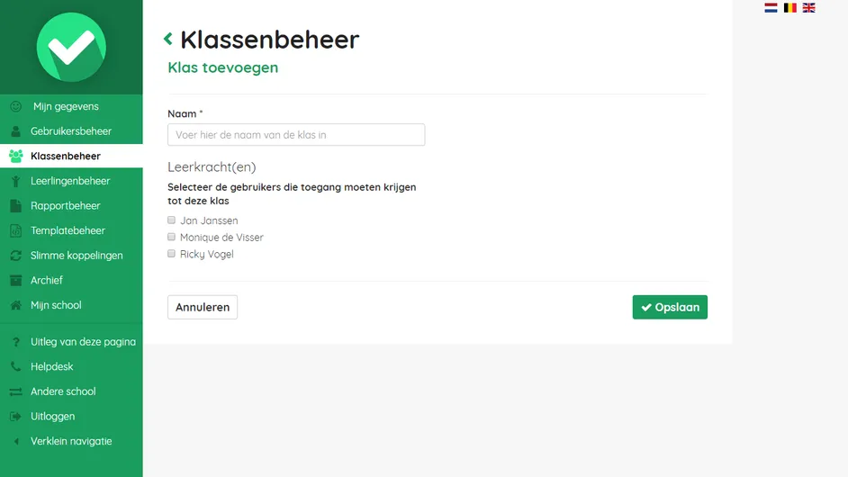 Screenshot van het aanmaken van een nieuwe klas in Easyrapport