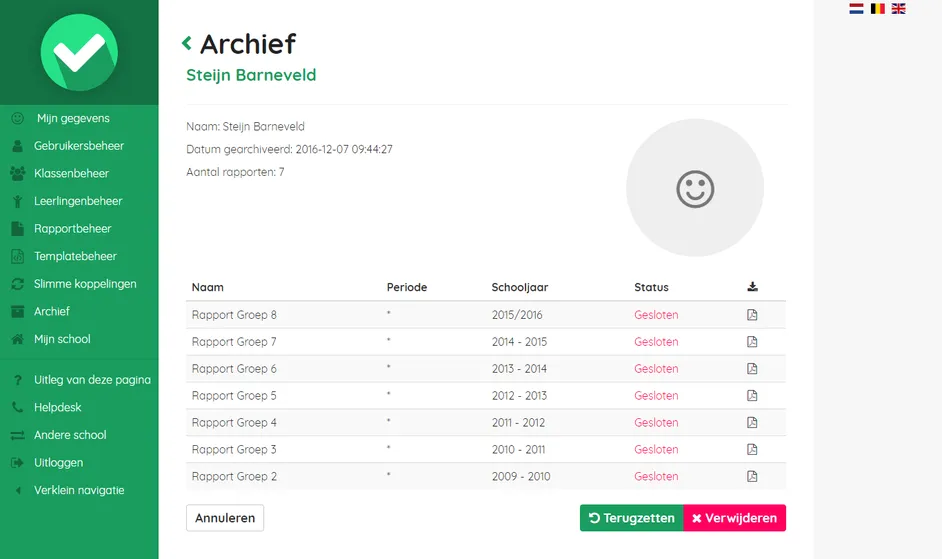 Screenshot van leerlinginformatie en archief in Easyrapport