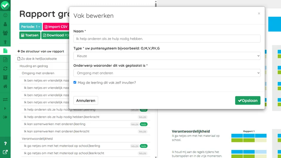 schermafbeelding instellen vakken voor Easykids