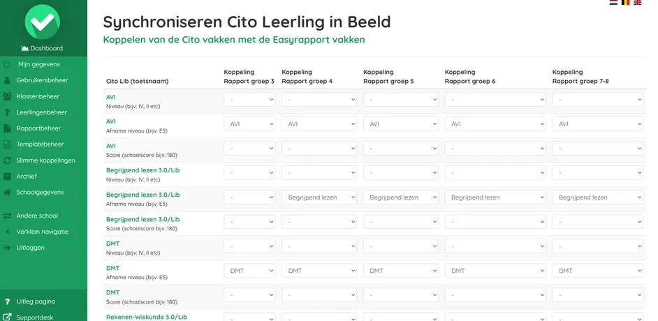 Screenshot toetsen Cito LiB koppelen aan vakken