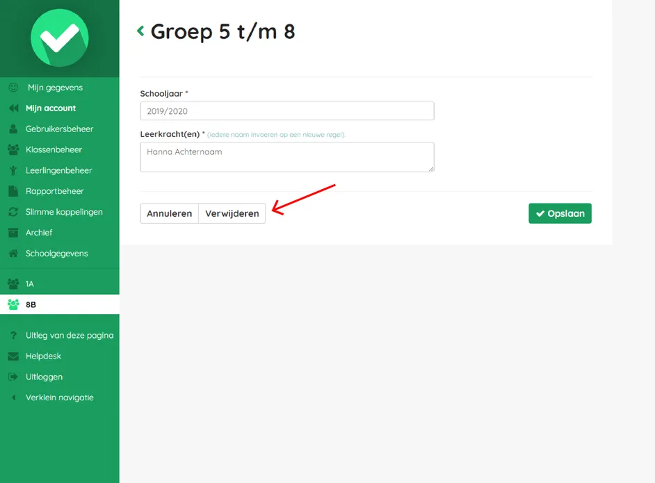 Screenshot van de optie om een individueel rapport te verwijderen in Easyrapport