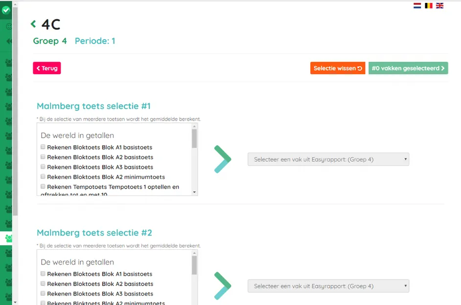 Screenshot van Malmberg Resultatenmonitor toetsselectie in Easyrapport
