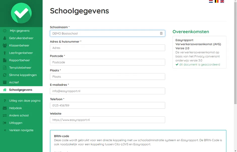 Screenshot van de pagina Schoolgegevens in Easyrapport