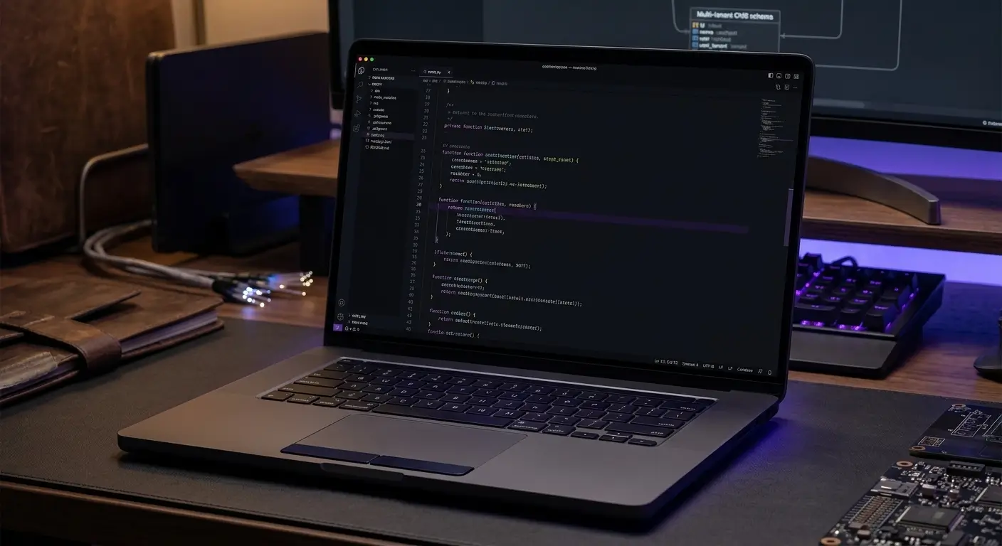Laptop op bureau met code op het scherm