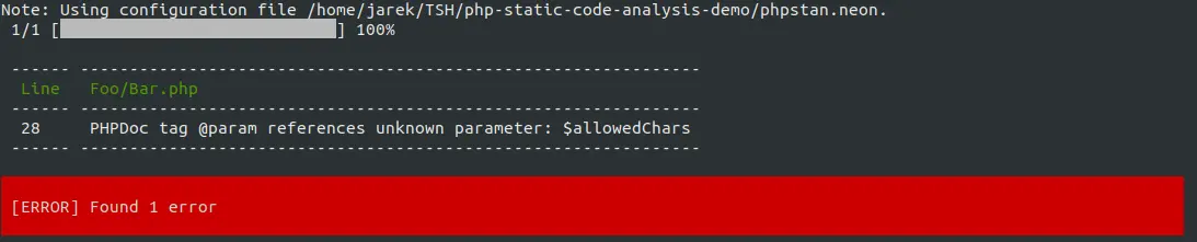 An example of an error output in PHPStan.