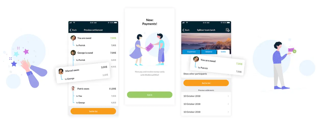 WieBetaaltWat app mockup showing interface with features