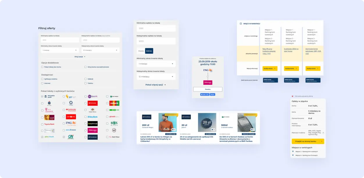 A collage of Blue Coin's website UI elements, including forms, buttons, flags, and informational sections on a light blue background.