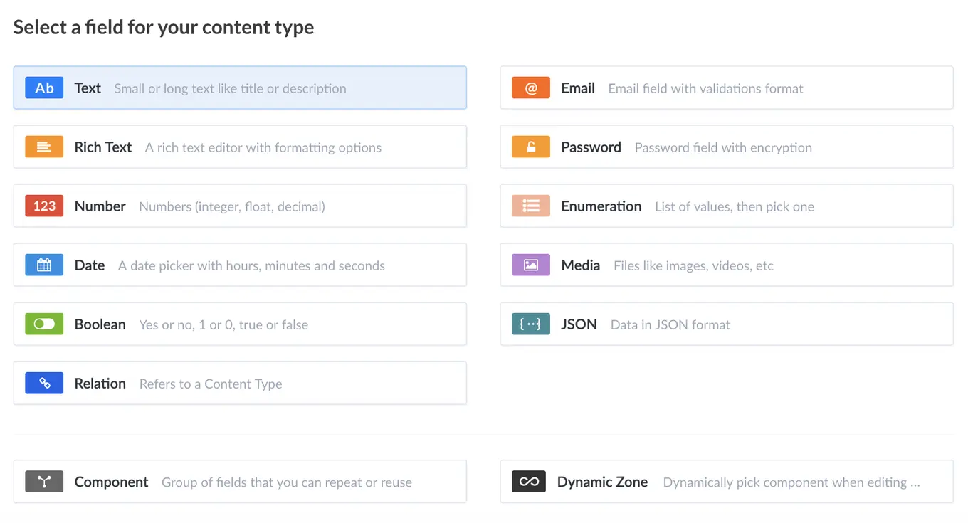 Screenshot of fields available in content type screen in Strapi