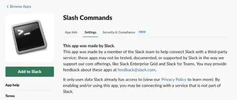 A screenshot of Slack commands