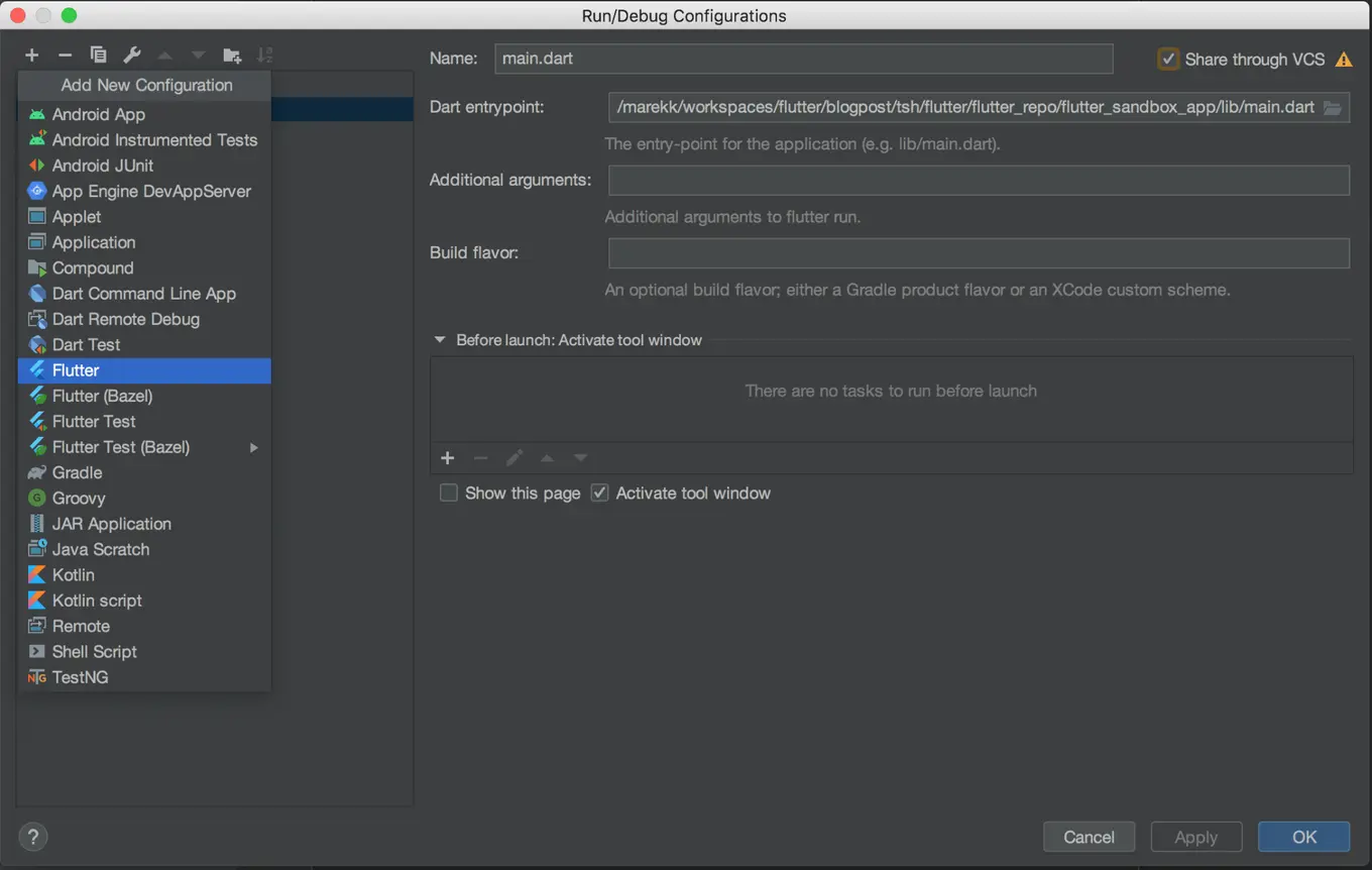 A screenshot of a debug configuration in Flutter tutorial