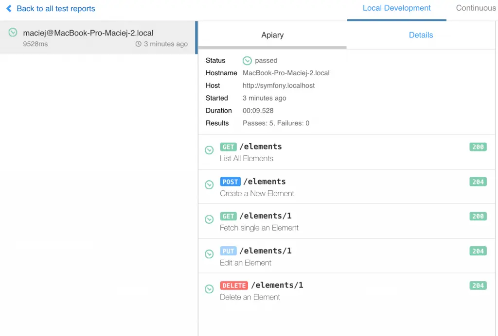 A screenshot of Dredd test tab in Apiary.