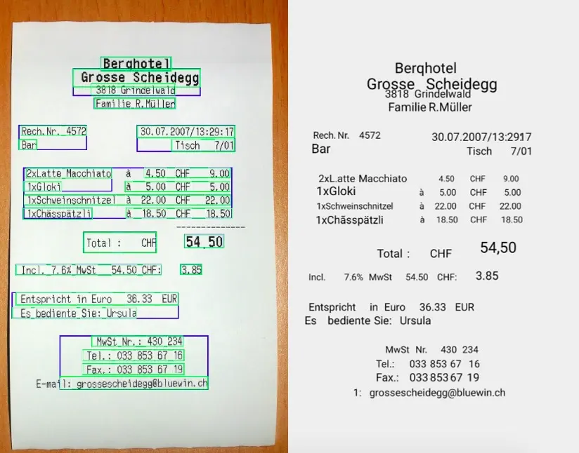 OCR of a receipt in German done using Google's ML Kit