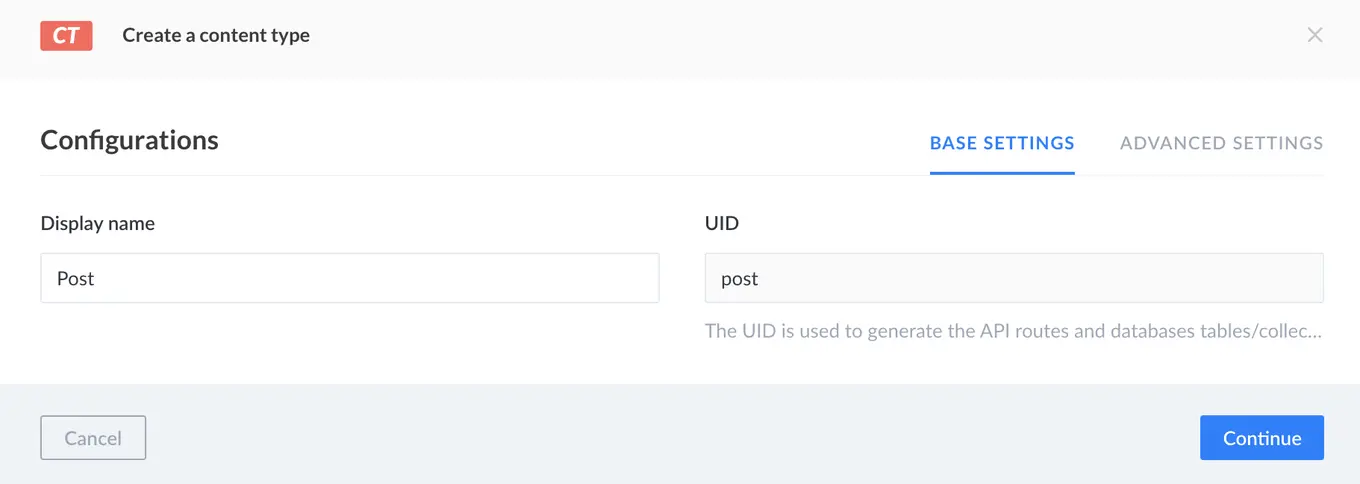 A screenshot of a content type base settings in Node.js headless CMS – Strapi