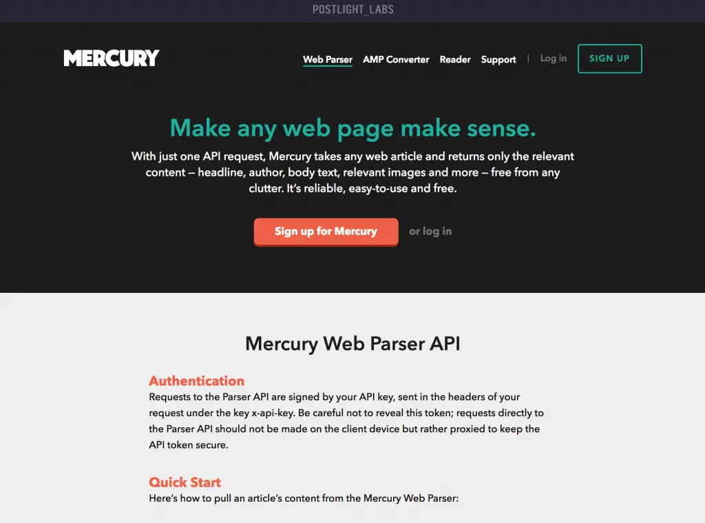 A screenshot of Mercury Web Parser API.