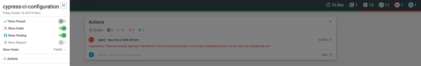 Screenshot with test filtering in Cypress CI configuration