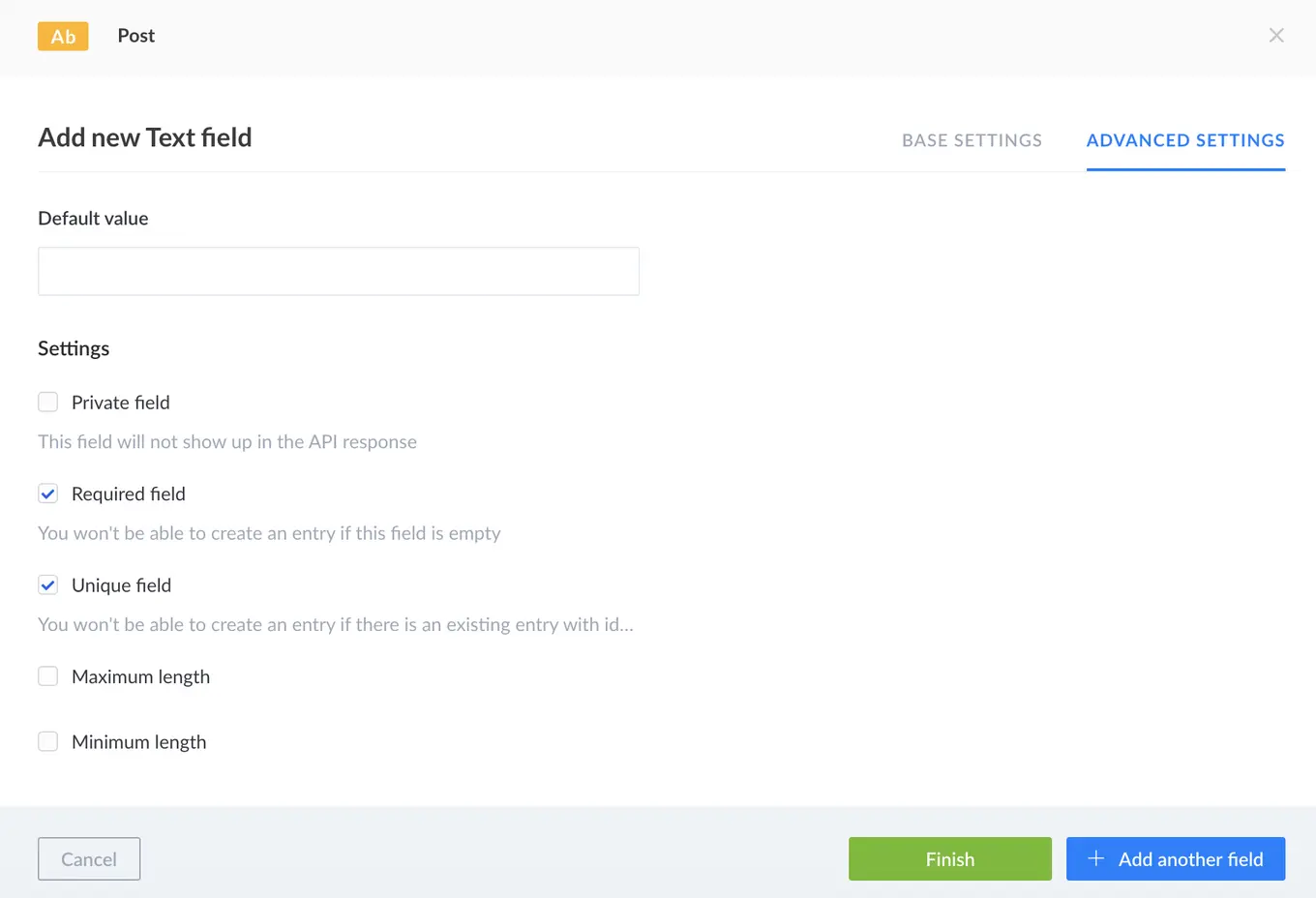 A screenshot of adding a new text field options in Node.js headless CMS – Strapi