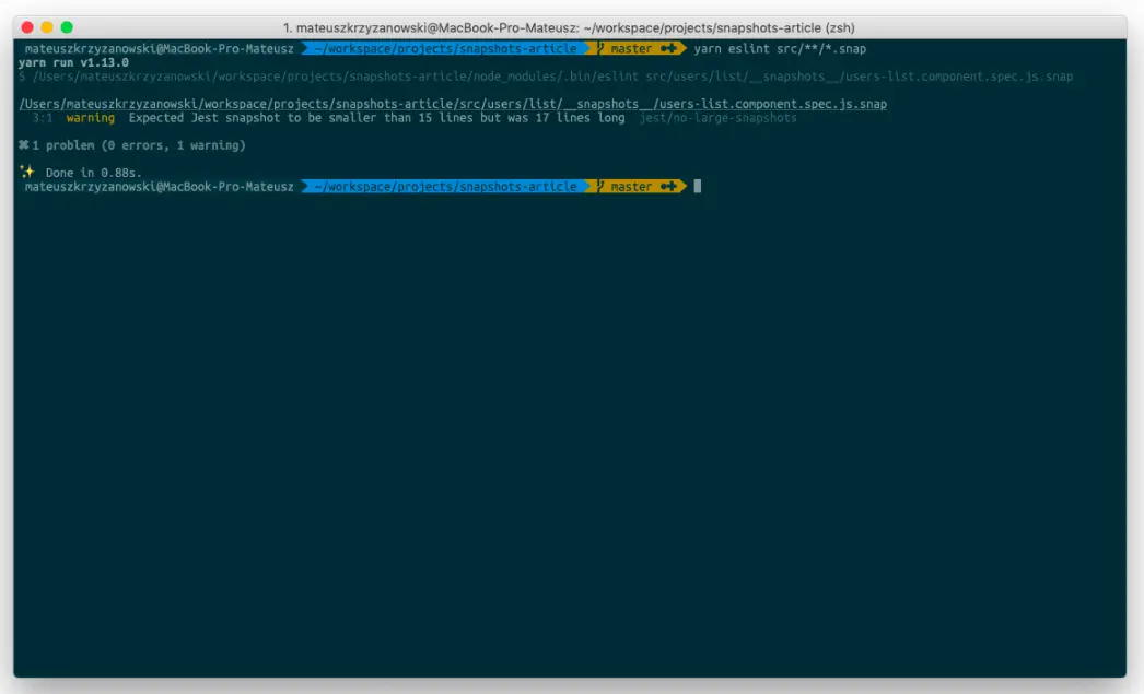 On screenshot you can see the eslint output with a message that snapshot file is too long