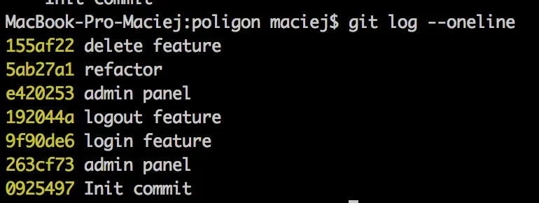 A screenshot showing a fragment of a code with delete feature, refactor, admin panel, logout and login feature, admin panel and init commit.