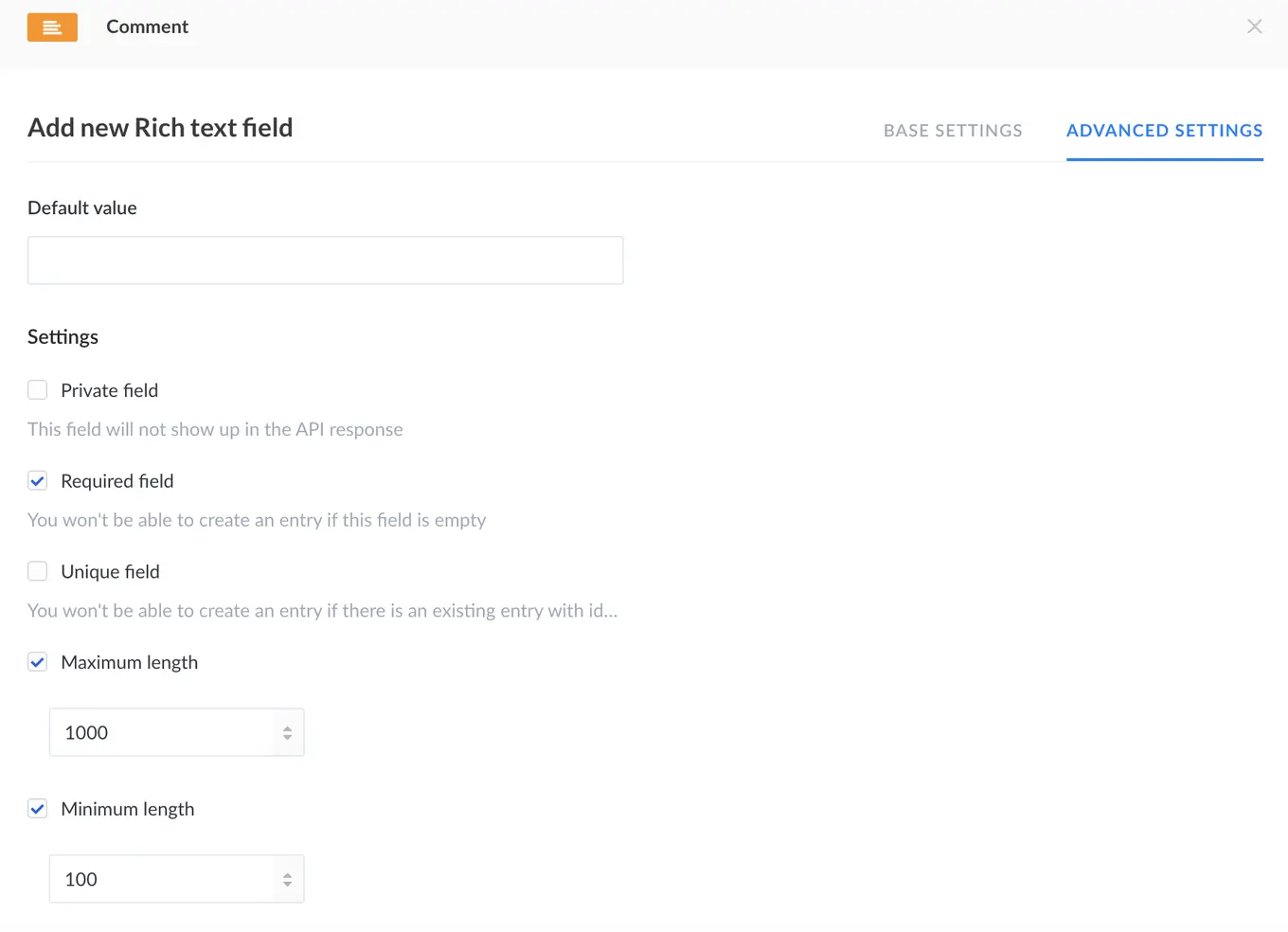Screenshot of rich field advanced settings