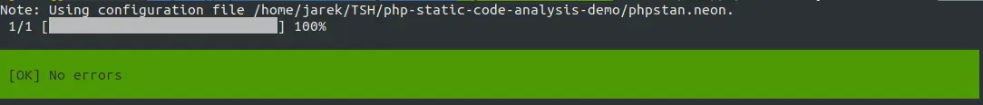 A screenshot of an output with no errors in PHPStan.
