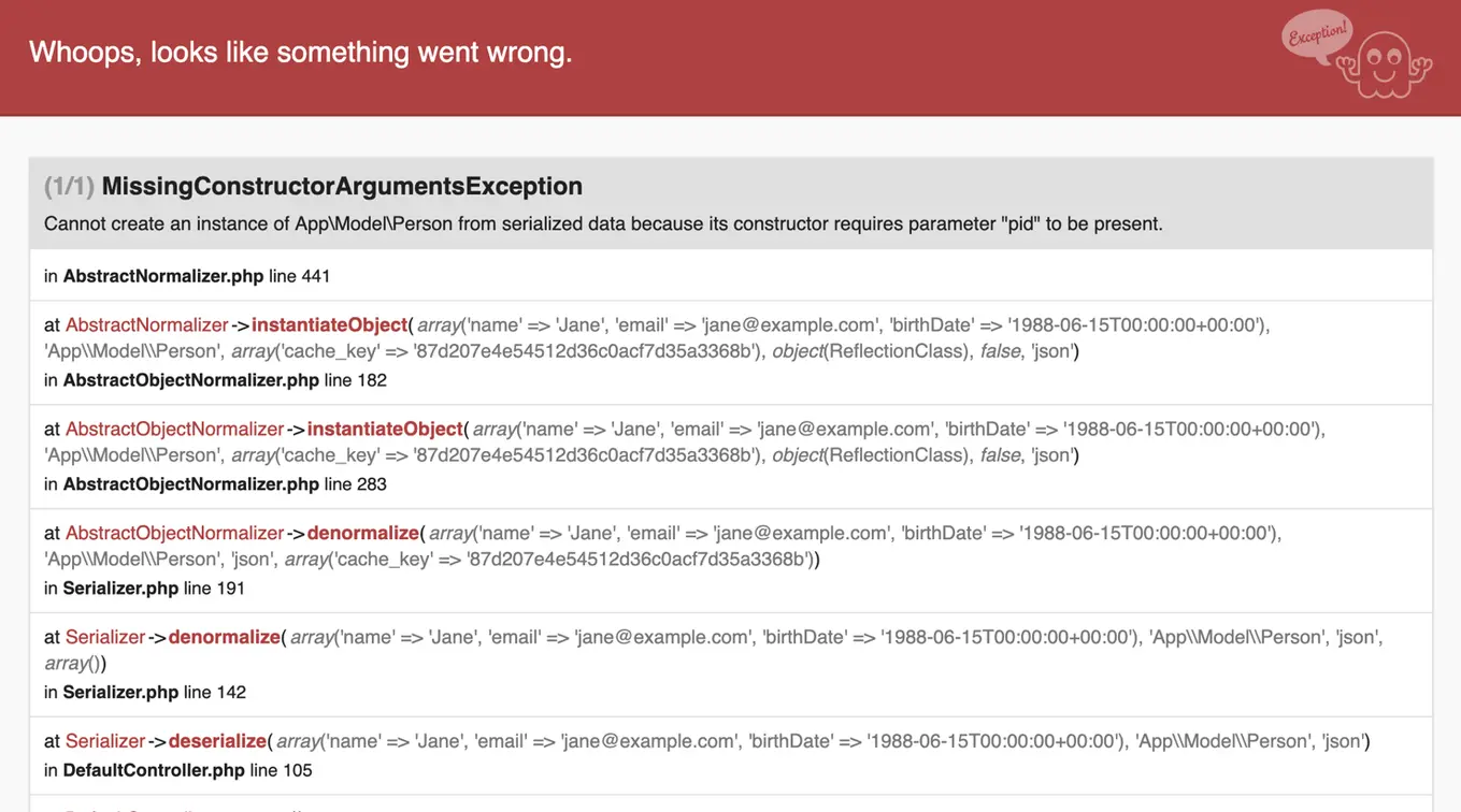 A screenshot of Missing Constructor Arguments Exception