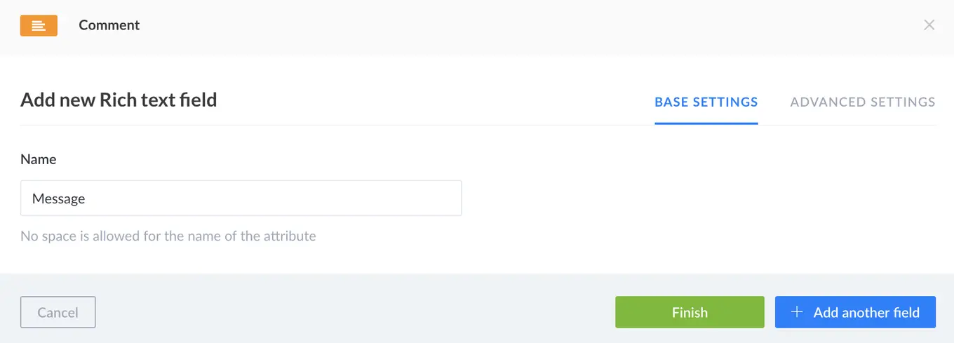 Screenshot of rich field base settings in Node.js headless CMS – Strapi