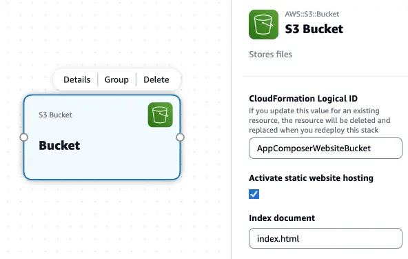 Activate static website hosting screenshot