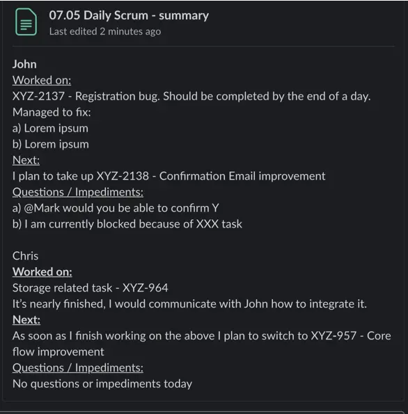 Daily Scrum summary