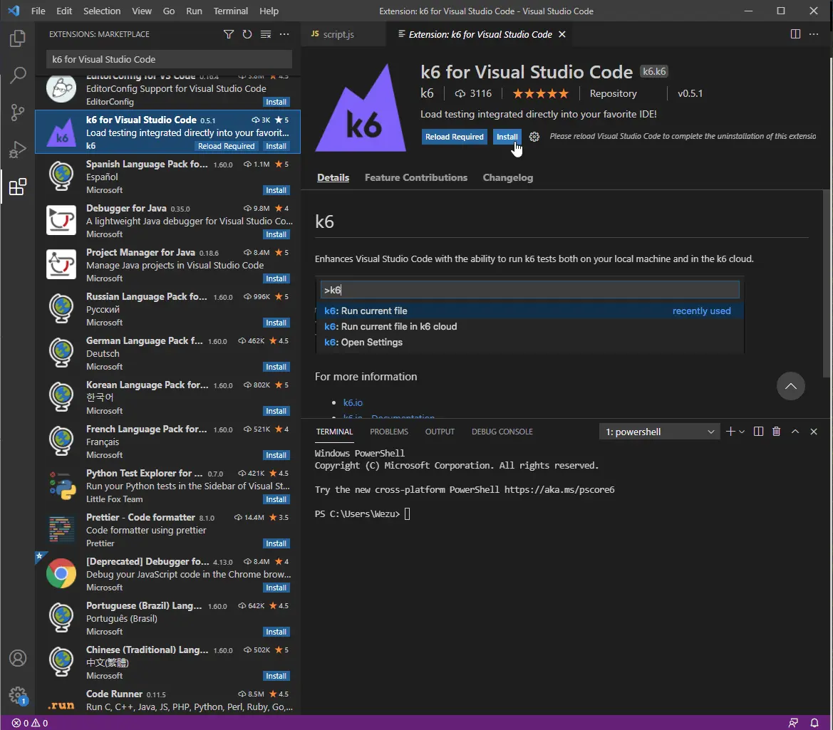 k6 for Visual Studio Code extension
