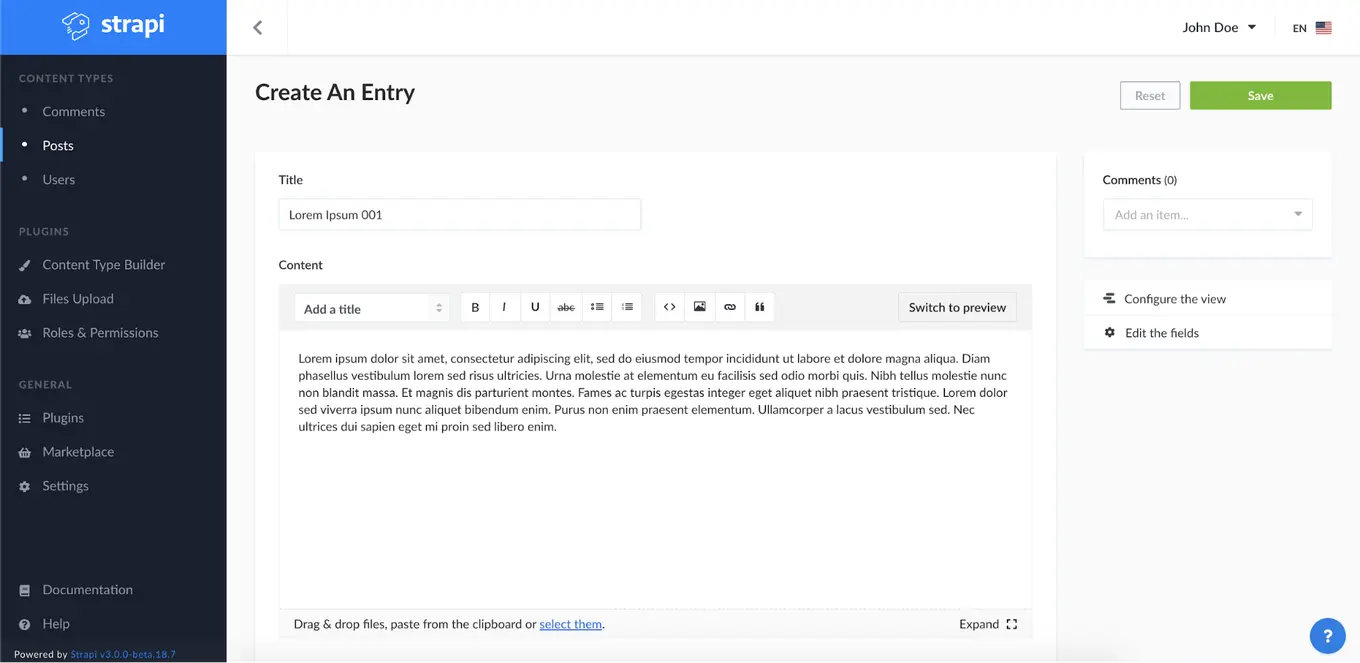 Screenshot of blog entry creation