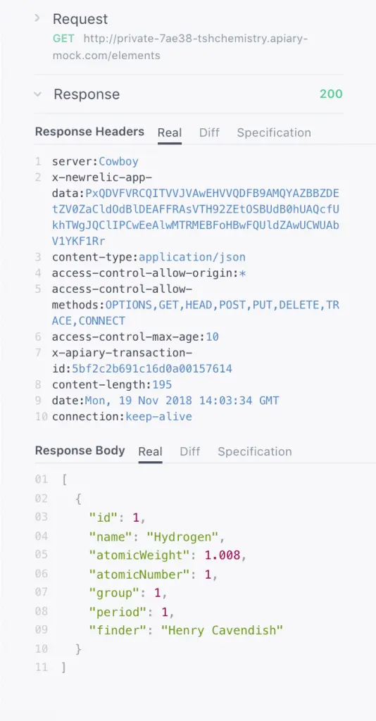 A screenshot of a returned data provided by the mock server.