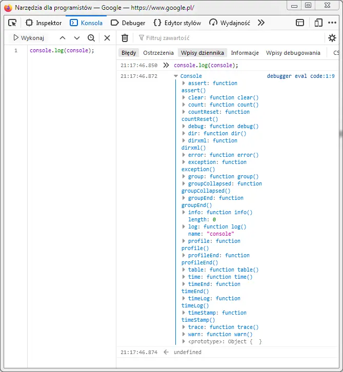 Console object screen