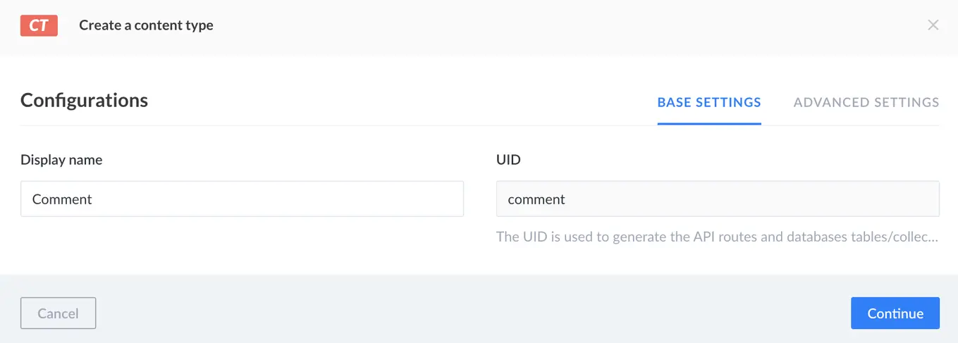 Screenshot of comment content type